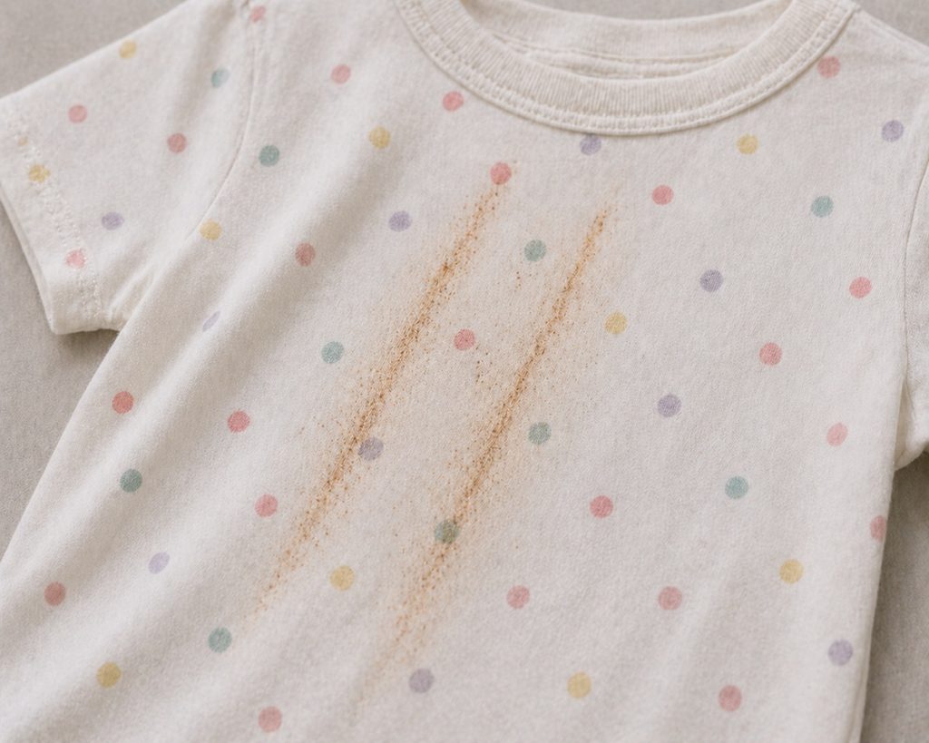 Child's clothing with brown iron marks on it.