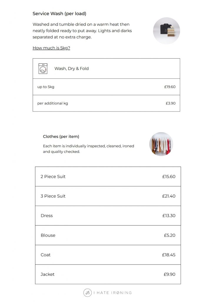 Dry cleaning and wash and fold services prices.