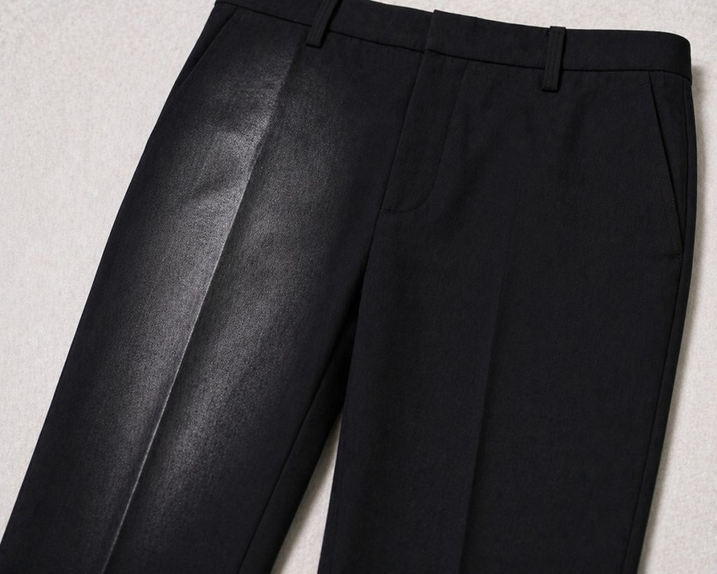 Shiny iron marks on a black pants.